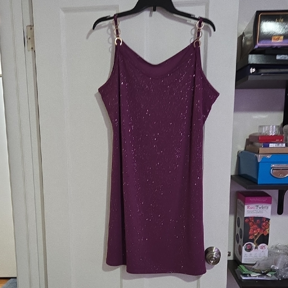 XXL Purple Sparkle Shift Dress With Gold Circle Chain Detail At The Shoulders